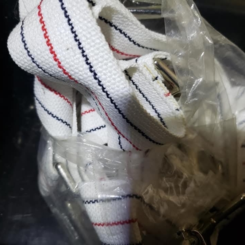 Durable White Pet Leash with Red and Blue Stripes